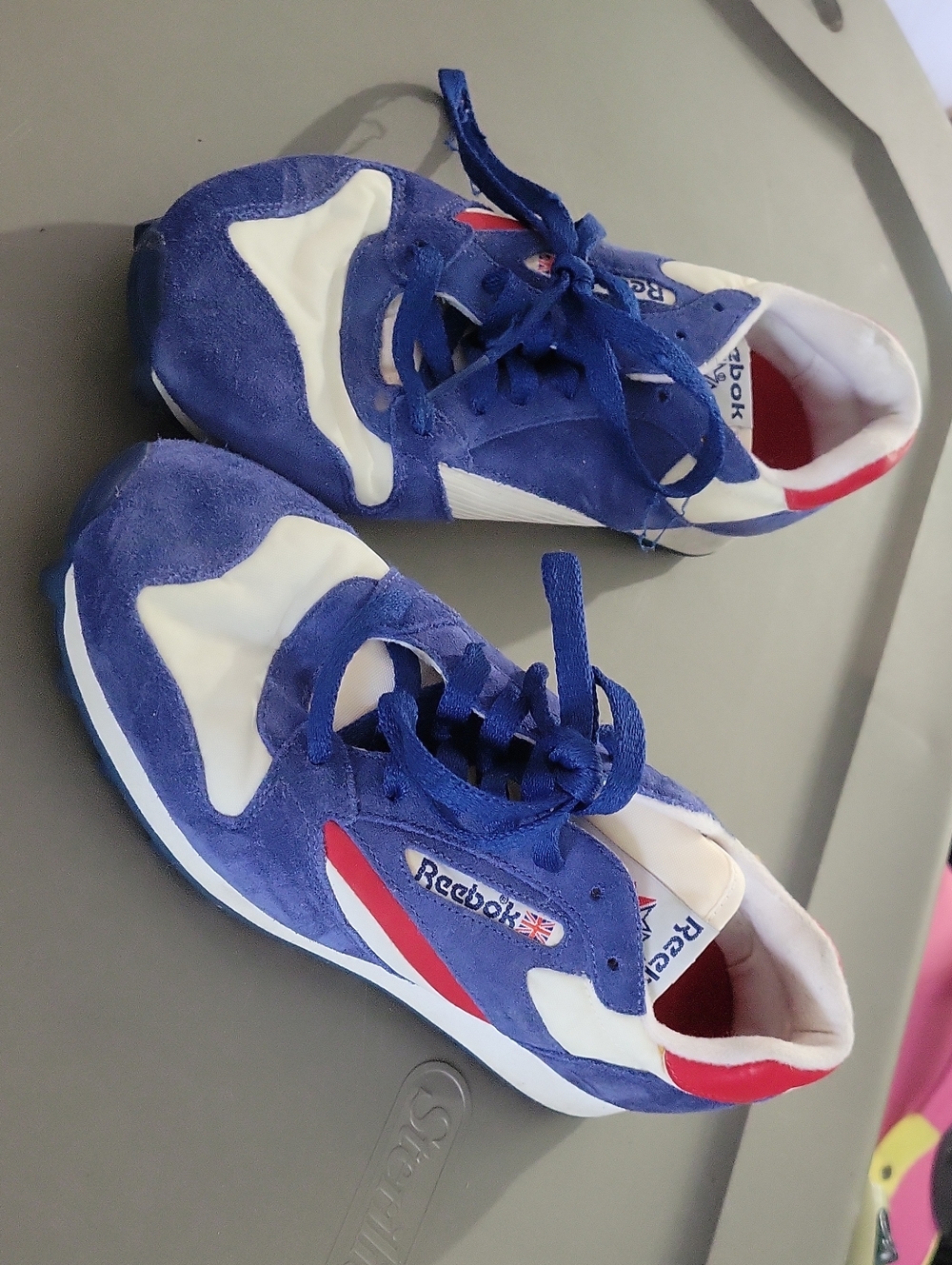 Vintage- NWOT-Reebok Kids Blue, White & Red Suede Sneakers